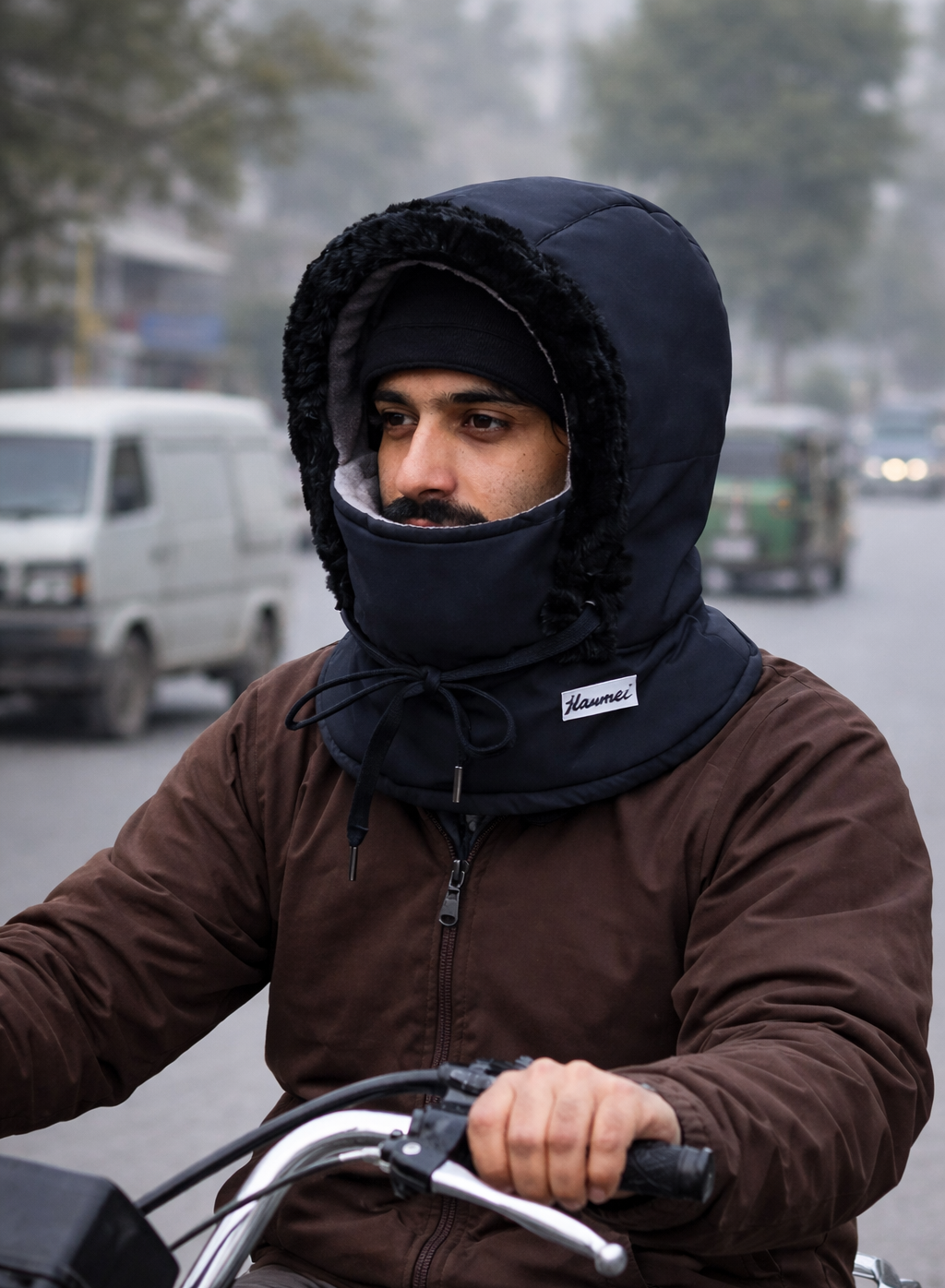 Person wearing a dark hooded jacket with a brand logo, sitting on a motorcycle.